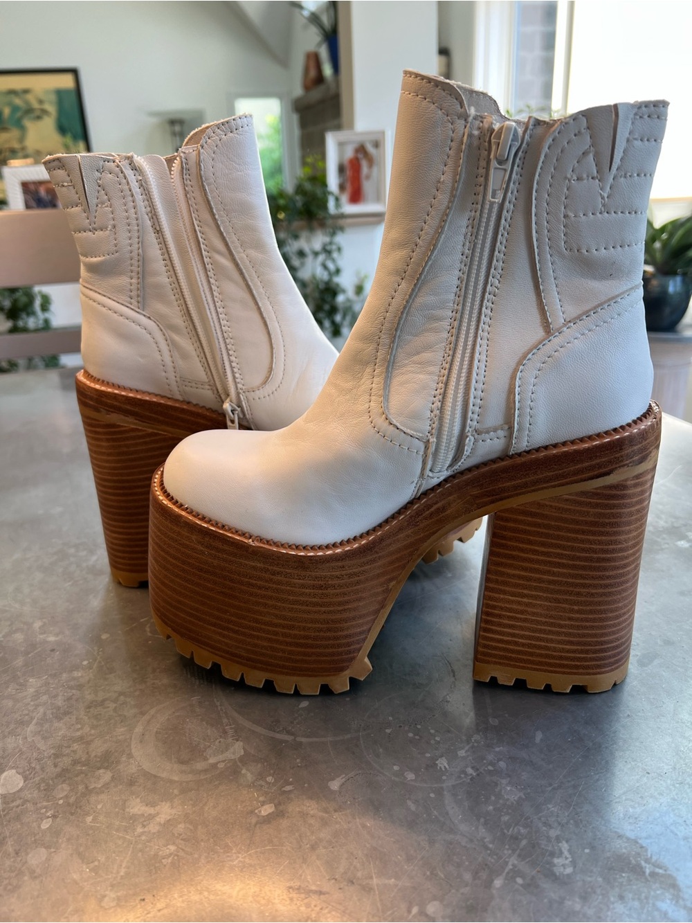 Jeffrey Campbell White Leather Platform Ankle Boots with Stacked Wood-Look Heel
